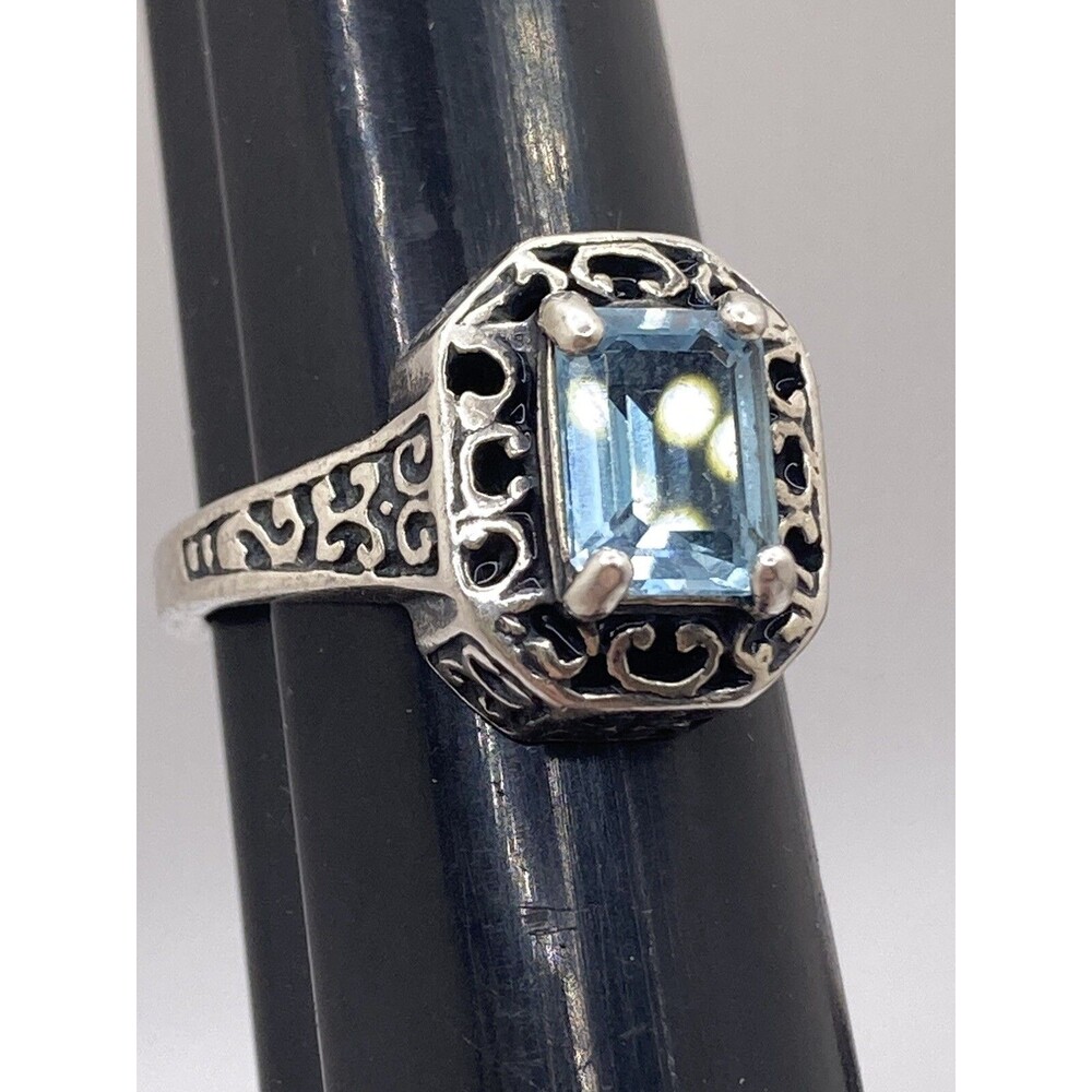 Vintage Sterling Silver Light Blue Topaz Ring Size 7 Filigree. Estate Find